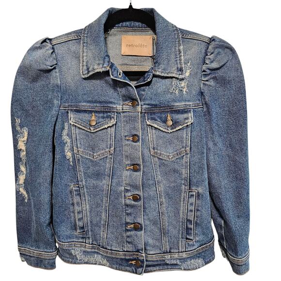 Retrofete Ada Puff Sleeve Pad Shoulder Denim Jean Jacket Small Worn Vintage Blue - Picture 1 of 13